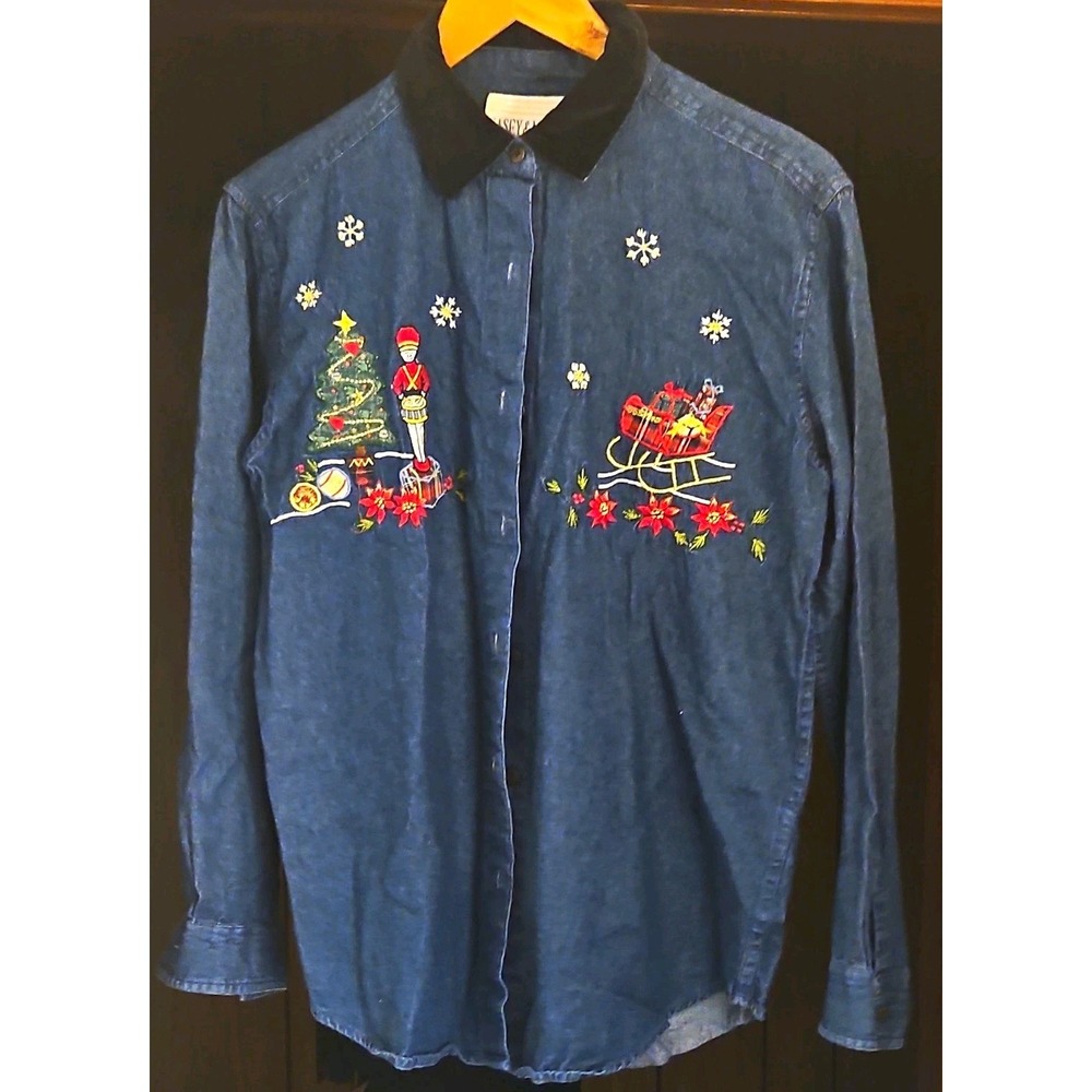Casey & Max Women's Blue Denim Button-Up Shirt Embroidered Christmas